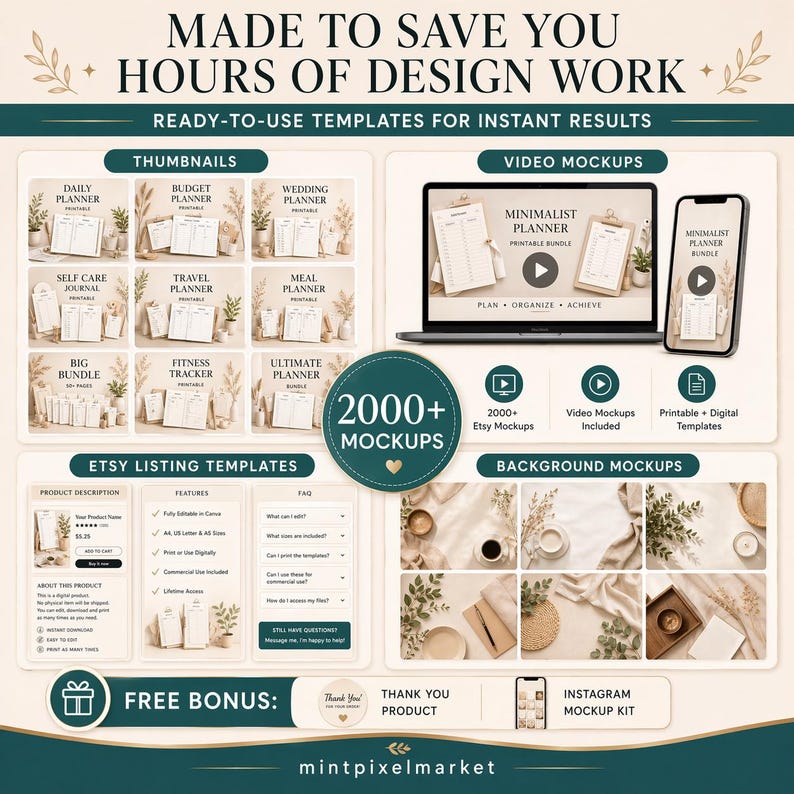 May include: A promotional image showcasing digital templates for Etsy sellers. The image features mockups of planners, journals, and other printable products. The text highlights the templates' features and the inclusion of video mockups and background mockups.