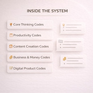 May include: A graphic chart titled INSIDE THE SYSTEM featuring five horizontal rectangular buttons labelled Core Thinking Codes, Productivity Codes, Content Creation Codes, Business & Money Codes, and Digital Product Codes with icons.