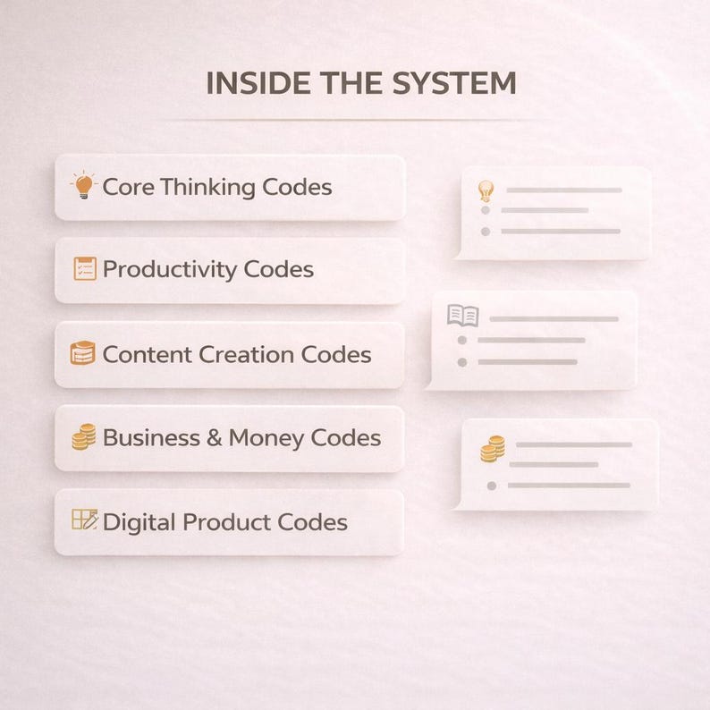 May include: A graphic chart titled INSIDE THE SYSTEM featuring five horizontal rectangular buttons labelled Core Thinking Codes, Productivity Codes, Content Creation Codes, Business & Money Codes, and Digital Product Codes with icons.