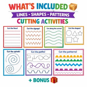 May include: A colorful educational activity set featuring cutting exercises for kids. The set includes worksheets with lines, shapes, patterns, and cutting activities. The text "WHAT'S INCLUDED" and "CUTTING ACTIVITIES" are displayed at the top. A bonus gift box is also included.