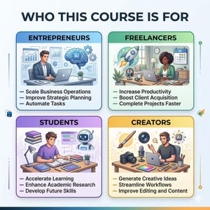 May include: An infographic titled "WHO THIS COURSE IS FOR" features four sections: Entrepreneurs, Freelancers, Students, and Creators. Each section includes an illustration and bullet points describing course benefits, such as scaling business operations and generating creative ideas.