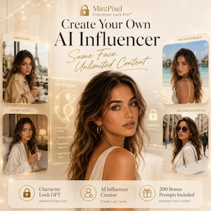 May include: Promotional image for MintPixel's AI Influencer Creator. The image shows a woman's face surrounded by images of her in various settings. Text includes "Create Your Own AI Influencer" and "Same Face. Unlimited Content."