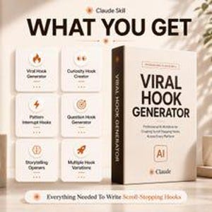 May include: A beige digital product box labeled Viral Hook Generator with AI branding. To the left, six white square icons display features: Viral Hook Generator, Curiosity Hook Creator, Pattern Interrupt Hooks, Question Hook Generator, Storytelling Openers, and Multiple Hook Variations. The text reads What You Get and Everything Needed To Write Scroll-Stopping Hooks.