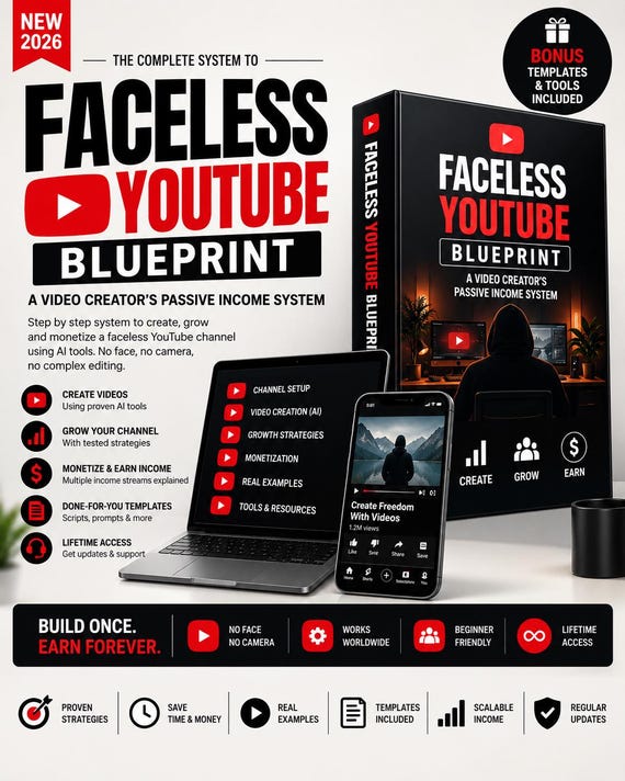 Faceless YouTube Automation Blueprint Course, AI Video Creation, Passive Income Guide, Digital Product, PLR MRR Digital Product for Resell