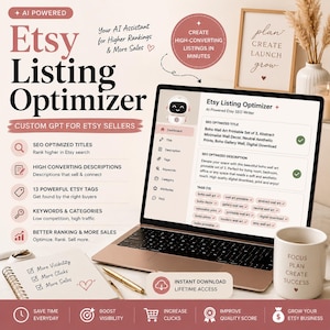 Może przedstawiać: Laptop wyświetlający interfejs Etsy Listing Optimizer z pulpitem nawigacyjnym, zoptymalizowanymi tytułami SEO i tagami. Ekran pokazuje ikonę robota. Obok laptopa znajduje się notatnik z długopisem oraz kubek z napisem Focus Plan Create Success.