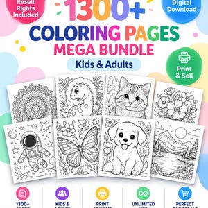 May include: A digital download bundle featuring 1300+ coloring pages for kids and adults. The collection includes black and white line art illustrations of a mandala, dinosaur, cat, flowers, astronaut, butterfly, puppy, and mountain landscape.