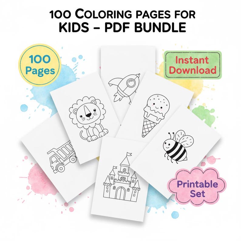 May include: A digital bundle of 100 coloring pages for kids featuring black and white line art illustrations of a lion, rocket, ice cream, truck, bee, and castle. The text reads 100 Coloring Pages For Kids - PDF Bundle, 100 Pages, Instant Download, and Printable Set.