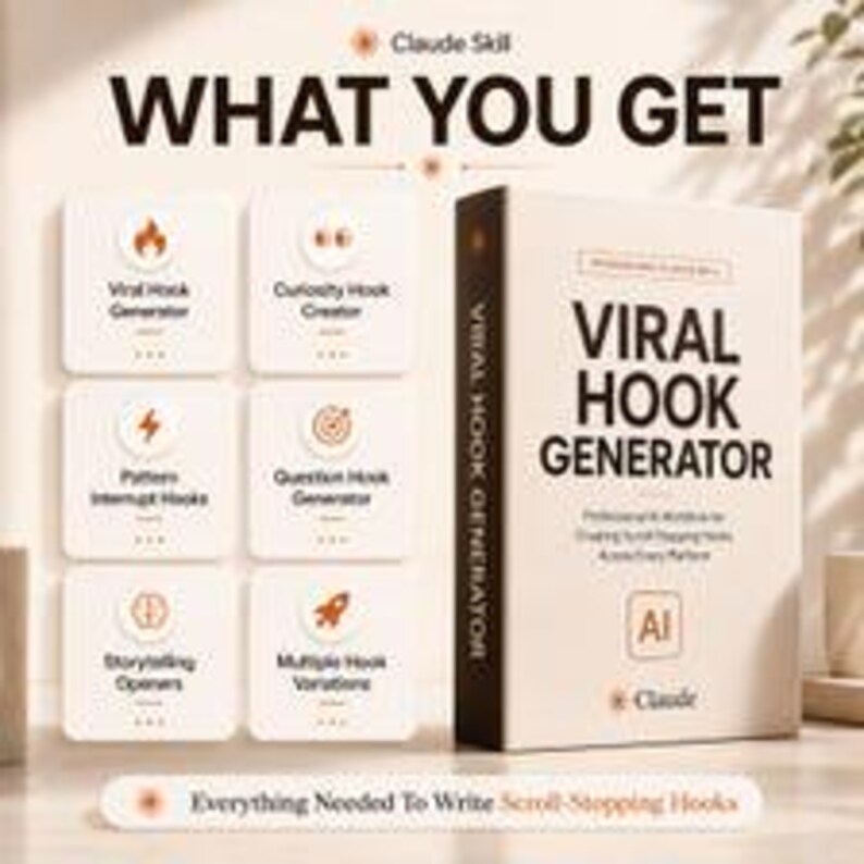 May include: A beige digital product box labeled Viral Hook Generator with AI branding. To the left, six white square icons display features: Viral Hook Generator, Curiosity Hook Creator, Pattern Interrupt Hooks, Question Hook Generator, Storytelling Openers, and Multiple Hook Variations. The text reads What You Get and Everything Needed To Write Scroll-Stopping Hooks.