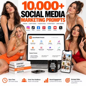 Puede incluir: Una pantalla de producto digital con el texto 10,000+ SOCIAL MEDIA MARKETING PROMPTS, una pantalla de portátil que muestra un panel de control de redes sociales con IA, cuatro libros apilados con etiquetas y una taza negra con texto blanco.