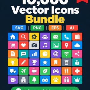 10,000 Vector Icons Bundle – SVG, png , eps  AI Flat UI Web Design Icons, Graphic Design Resources, Commercial Use, Digital Download