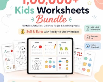 100,000+ Kids Worksheets Bundle – MRR PLR Resell Rights, Preschool, Kindergarten Learning Activities, Printable PDF Download