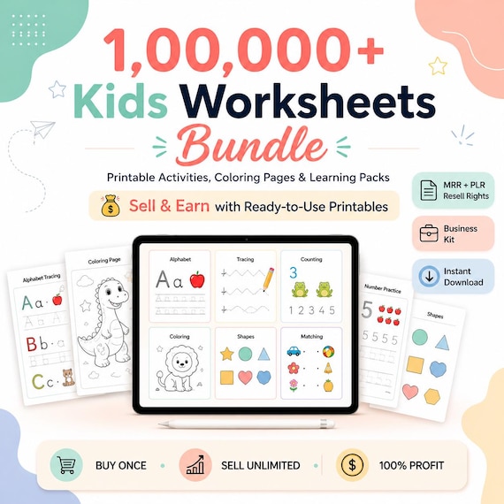 100,000+ Kids Worksheets Bundle – MRR PLR Resell Rights, Preschool, Kindergarten Learning Activities, Printable PDF Download