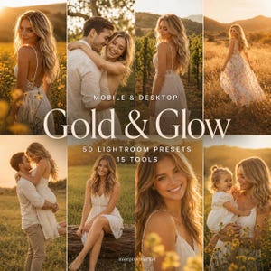 Op de afbeelding: Een collage van beelden met warme, gouden tinten, met een vrouw in een witte jurk, een stel en een vrouw met een kind. De tekst "Gold & Glow" is prominent aanwezig, met details over "50 Lightroom Presets" en "15 Tools".