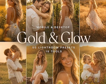 50 GOLD & GLOW Lightroom Presets: Premium Golden Hour and Warm Tone Filters | 15 Adjustable Tools for Warm Natural Light, Mobile and Desktop