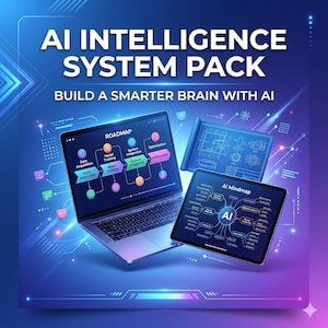 Puede incluir: Ilustración digital que promociona un paquete de sistema de inteligencia artificial. La imagen presenta un portátil que muestra una hoja de ruta, una tableta con un mapa mental de IA y un plano. El texto dice "AI INTELLIGENCE SYSTEM PACK" y "BUILD A SMARTER BRAIN WITH AI."