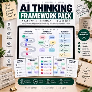 以下が含まれることがあります： AI思考フレームワークパック。ロードマップ、マインドマップ、ブループリントのテンプレートがデジタル表示されています。アイデア、明快さ、戦略、アクション、目標ロードマップなどのテキストラベルが付いた、印刷可能な戦略、問題解決、アクションプランのテンプレートが含まれており、学生、クリエイター、専門家向けに設計されています。