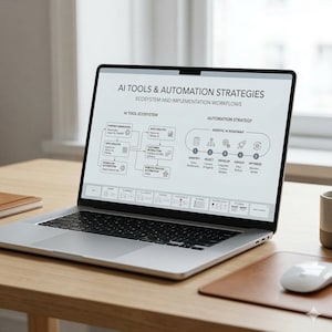 May include: A silver laptop displaying a diagram titled "AI TOOLS & AUTOMATION STRATEGIES" on a wooden desk. The diagram includes flowcharts and the text "AI TOOL ECOSYSTEM" and "AUTOMATION STRATEGY". A white mouse and a brown leather mousepad are also on the desk.