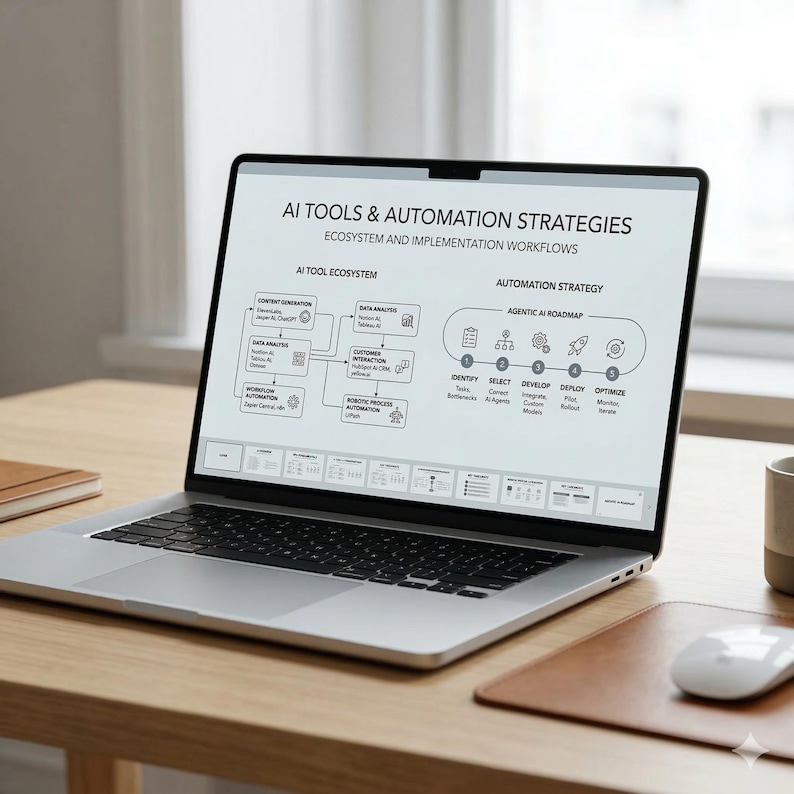 May include: A silver laptop displaying a diagram titled "AI TOOLS & AUTOMATION STRATEGIES" on a wooden desk. The diagram includes flowcharts and the text "AI TOOL ECOSYSTEM" and "AUTOMATION STRATEGY". A white mouse and a brown leather mousepad are also on the desk.