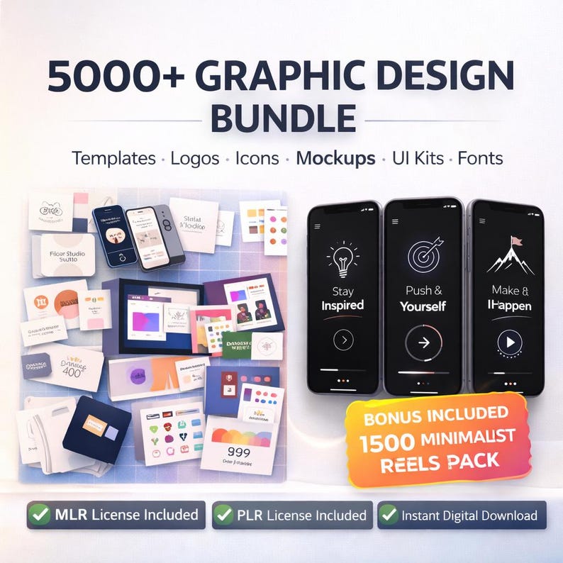 May include: A graphic design bundle with the text "5000+ GRAPHIC DESIGN BUNDLE". The image includes templates, logos, icons, mockups, UI kits, and fonts. Three smartphones display app interfaces. A bonus includes 1500 minimalist reels.