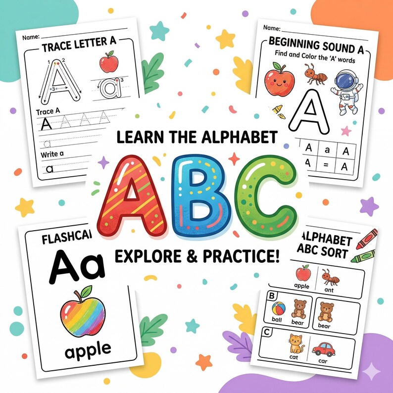 Peut inclure: Mat&eacute;riel p&eacute;dagogique pour apprendre l'alphabet. L'image pr&eacute;sente des feuilles de travail avec les lettres A, B et C, ainsi que des illustrations color&eacute;es d'une pomme, d'une fourmi et d'un astronaute. Le texte dit "Learn the Alphabet ABC Explore & Practice!"