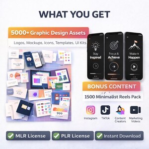 May include: An advertisement graphic with the text "WHAT YOU GET" and "5000+ Graphic Design Assets". It includes mockups, icons, templates, and UI kits. Three smartphones display "Stay Inspired", "Focus & Achieve", and "Make It Happen". Bonus content includes a 1500 Minimalist Reels Pack.