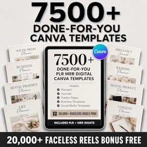 Puede incluir: Anuncio de plantillas digitales de Canva. La imagen presenta una tableta que muestra "7500+ Plantillas de Canva listas para usar" con varias portadas de planificadores y diarios. Incluye "20.000+ Reels sin rostro gratis".