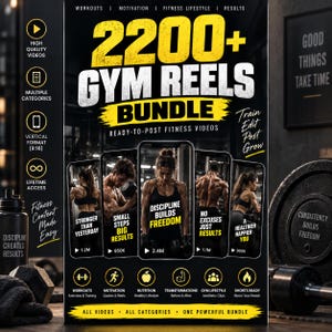 Puede incluir: Un paquete de productos digitales titulado 2200+ GYM REELS BUNDLE con videos de fitness listos para publicar. El gráfico negro y amarillo muestra cinco pantallas de teléfonos inteligentes con clips de entrenamiento y texto motivador.