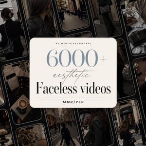 以下が含まれることがあります： デジタル商品の広告。クリーム色の正方形に「6000+ aesthetic Faceless videos」と書かれた画像。背景は、美的画像が映し出されたスマートフォンの画面のコラージュです。