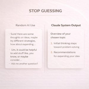 May include: A comparison chart titled STOP GUESSING. The left side, labelled Random AI Use, lists vague phrases like Sure, maybe try different strategies, and Ask me another question. The right side, labelled Claude System Output, lists structured steps.