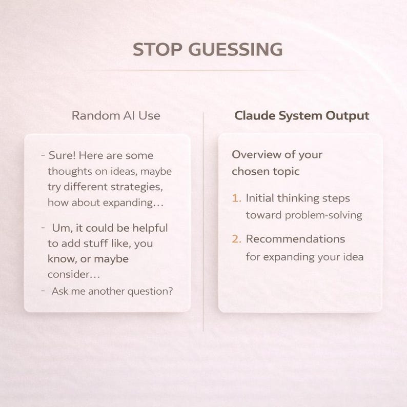 May include: A comparison chart titled STOP GUESSING. The left side, labelled Random AI Use, lists vague phrases like Sure, maybe try different strategies, and Ask me another question. The right side, labelled Claude System Output, lists structured steps.