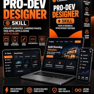 May include: A digital product box labeled Claude Pro-Dev Designer Skill, featuring a laptop, tablet, and smartphone displaying software interfaces. The black and orange packaging highlights features like website design, code generation, and lifetime access.