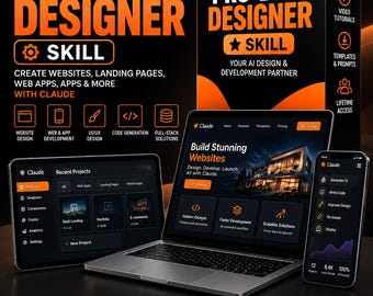May include: A digital product box labeled Claude Pro-Dev Designer Skill, featuring a laptop, tablet, and smartphone displaying software interfaces. The black and orange packaging highlights features like website design, code generation, and lifetime access.