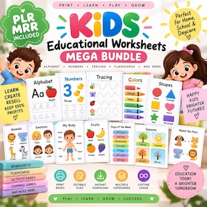 May include: A digital educational worksheet bundle for kids featuring colorful illustrations of alphabet letters, numbers, shapes, animals, and seasons. The text includes 'KIDS Educational Worksheets MEGA BUNDLE' and 'PLR MRR INCLUDED' with various learning categories.