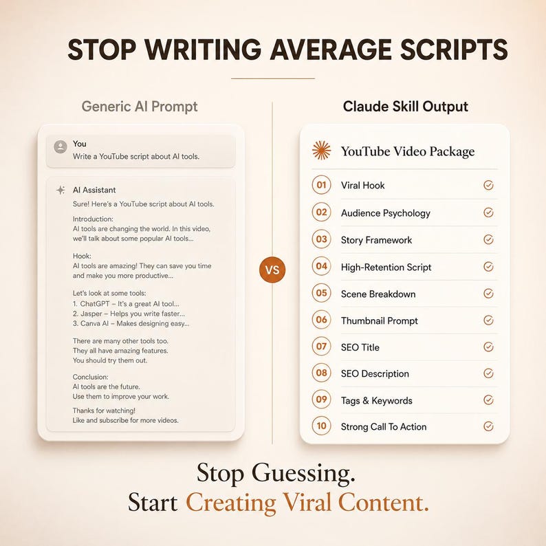 May include: An infographic titled STOP WRITING AVERAGE SCRIPTS comparing a Generic AI Prompt to a Claude Skill Output. The Claude side lists a YouTube Video Package with ten numbered items including Viral Hook, Audience Psychology, and SEO Title.