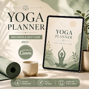 May include: A digital yoga planner displayed on a tablet, with the title "Yoga Planner" and the tagline "Wellness & Self Care." The image includes a rolled yoga mat, a small ceramic cup, and the text "Editable in Canva."