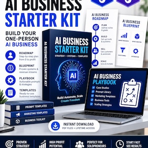 Könnte beinhalten: Ein KI-Business-Starter-Kit-Paket mit einer Box, einem Laptop, der das AI Business Playbook anzeigt, und gedruckten Leitfäden. Die Materialien umfassen eine Roadmap, einen Bauplan sowie verschiedene Vorlagen für Strategie, Systeme und Automatisierung.
