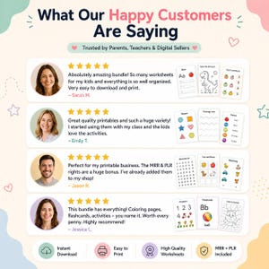 Peut inclure: Image promotionnelle avec le texte &laquo;&nbsp;Ce que disent nos clients satisfaits&nbsp;&raquo;. Elle pr&eacute;sente des t&eacute;moignages clients avec des &eacute;valuations par &eacute;toiles et des exemples de feuilles de travail pour enfants. Des ic&ocirc;nes indiquent le t&eacute;l&eacute;chargement instantan&eacute;, l'impression facile, des feuilles de travail de haute qualit&eacute; et MRR + PLR inclus.