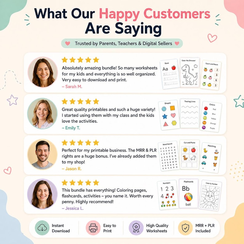 Peut inclure: Image promotionnelle avec le texte &laquo;&nbsp;Ce que disent nos clients satisfaits&nbsp;&raquo;. Elle pr&eacute;sente des t&eacute;moignages clients avec des &eacute;valuations par &eacute;toiles et des exemples de feuilles de travail pour enfants. Des ic&ocirc;nes indiquent le t&eacute;l&eacute;chargement instantan&eacute;, l'impression facile, des feuilles de travail de haute qualit&eacute; et MRR + PLR inclus.