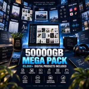 Peut inclure: Un ordinateur portable affichant une interface de produits numériques entouré de panneaux flottants d'ebooks, modèles, cours et graphiques. Le texte indique 50000GB MEGA PACK 85,000+ DIGITAL PRODUCTS INCLUDED, avec des icônes d'accès instantané et commercial.