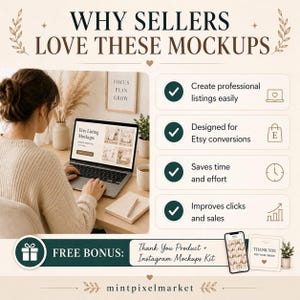 May include: A woman working on a laptop with the text "Etsy Listing Mockups". The image includes the text "Why Sellers Love These Mockups" and "Free Bonus: Thank You Product + Instagram Mockups Kit".