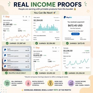 Peut inclure: Infographie pr&eacute;sentant des donn&eacute;es de ventes Etsy, notamment les revenus, les commandes et les visites. L'image affiche des graphiques avec des chiffres financiers, des confirmations de paiement PayPal et le texte "You Can Be Next!" et "Real Income Proofs".