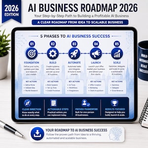 Op de afbeelding: Een digitale tablet met een AI Business Roadmap 2026 infographic. Het schema toont vijf fasen: Foundation, Build, Automate, Launch en Scale, met specifieke acties voor elke fase. Inclusief een grafische knop voor downloaden met tekst.