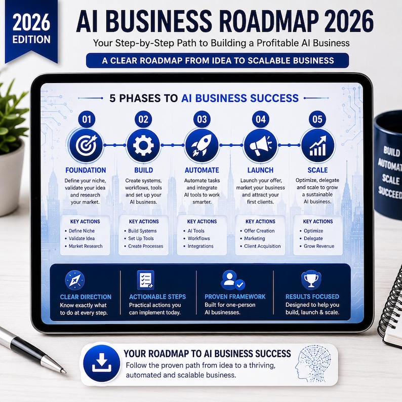Op de afbeelding: Een digitale tablet met een AI Business Roadmap 2026 infographic. Het schema toont vijf fasen: Foundation, Build, Automate, Launch en Scale, met specifieke acties voor elke fase. Inclusief een grafische knop voor downloaden met tekst.