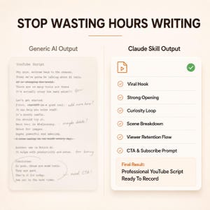 May include: A comparison graphic titled STOP WASTING HOURS WRITING. The left side shows a Generic AI Output labeled YouTube Script with handwritten notes. The right side shows a Claude Skill Output list including Viral Hook, Strong Opening, Curiosity Loop, Scene Breakdown, Viewer Retention Flow, CTA & Subscribe Prompt, and a Final Result box stating Professional YouTube Script Ready To Record.
