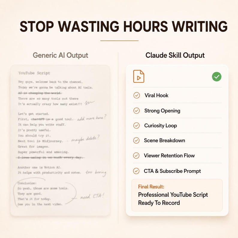 May include: A comparison graphic titled STOP WASTING HOURS WRITING. The left side shows a Generic AI Output labeled YouTube Script with handwritten notes. The right side shows a Claude Skill Output list including Viral Hook, Strong Opening, Curiosity Loop, Scene Breakdown, Viewer Retention Flow, CTA & Subscribe Prompt, and a Final Result box stating Professional YouTube Script Ready To Record.