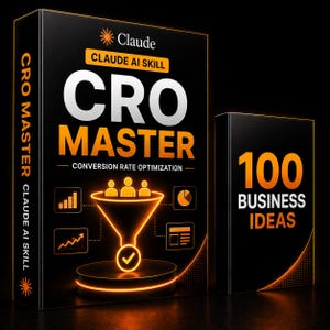 May include: Two black rectangular books with orange and white text. The larger book features the title Claude AI Skill CRO Master Conversion Rate Optimization, a funnel graphic with three figures, and a checkmark. The smaller book reads 100 Business Ideas.