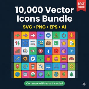 May include: A graphic featuring a collection of 10,000 vector icons. The icons are arranged in a grid, each within a colorful square. The image includes the text "10,000 Vector Icons Bundle" and file type formats: SVG, PNG, EPS, and AI.