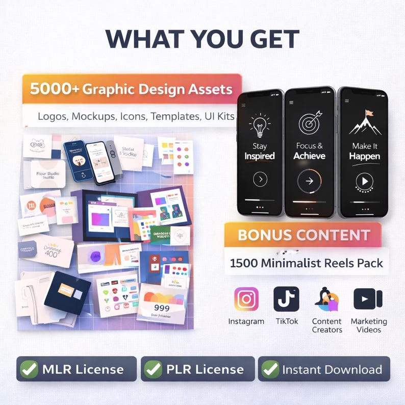 May include: An advertisement graphic with the text "WHAT YOU GET" and "5000+ Graphic Design Assets." The image includes mockups, icons, templates, and UI kits. Three smartphones display "Stay Inspired," "Focus & Achieve," and "Make It Happen." Bonus content includes a 1500 Minimalist Reels Pack.