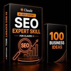 Può includere: Due scatole rettangolari nere con testo e grafica in stile neon arancione. La scatola più grande presenta il testo Claude AI SEO EXPERT, SEO EXPERT SKILL FOR CLAUDE AI e un'icona a forma di lente d'ingrandimento sulla parola SEO con un grafico.