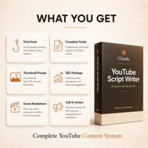 May include: A digital product box labeled YouTube Script Writer with a list of features including Viral Hook, Complete Script, Thumbnail Prompt, SEO Package, Scene Breakdown, and Call-To-Action. The text reads What You Get and Complete YouTube Content System.